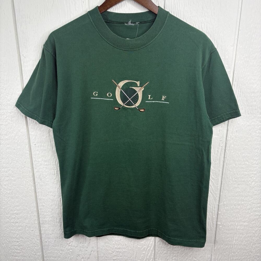 Vintage 90’s Green Embroided Moss Green Golf Tee Shirt Size Large